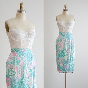 mint green‎ skirt 80s vintage white pink abstract floral pencil skirt